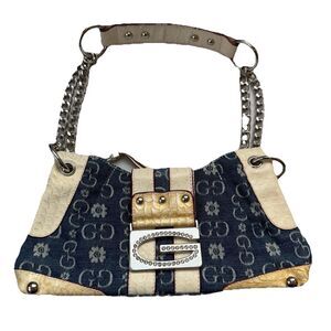 Y2K Gussaci Denim Monogram Faux Croc Leather Baguette Bag Purse Bling Big Buckle